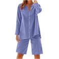 thumbnail image 1 of cfhntfmh Women 2 Piece Linen Sets Lounge Sets Long Sleeve Button down Matching Outfits with Knee Length Shorts, 1 of 7