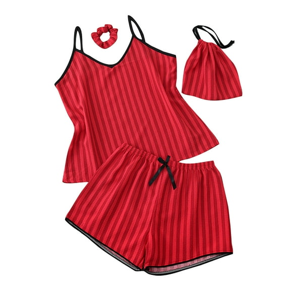 cfhntfmh Women 4 Piece Pajama Sets Loose Sleeveless Camisole Cute Print Wide Leg Bow Knot Comfy Shorts Sleepwear Pjs Sets