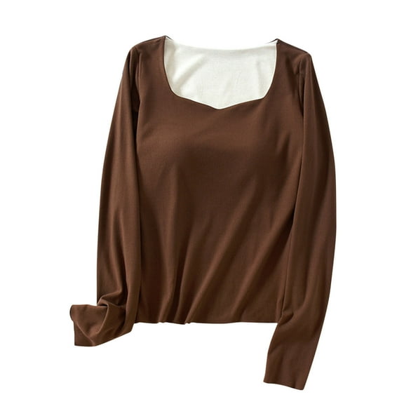 cfhntfmh Women Built in Bra T-Shirt V Neck Long Sleeve Thermal Underwear Workout Tops Comfy Bra Padded Shirt Base Layer Outfits（Coffee,Large)