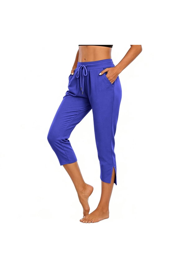 Women Casual Capris with Pockets Drawstring Lightweight Side Split Pants Mid Rise Athletic Work Clothes