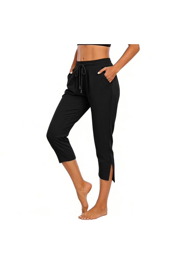 Women Casual Capris with Pockets Drawstring Lightweight Side Split Pants Mid Rise Athletic Work Clothes