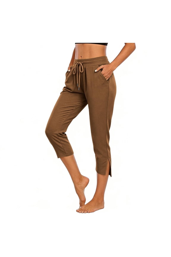 Women Casual Capris with Pockets Drawstring Lightweight Side Split Pants Mid Rise Athletic Work Clothes