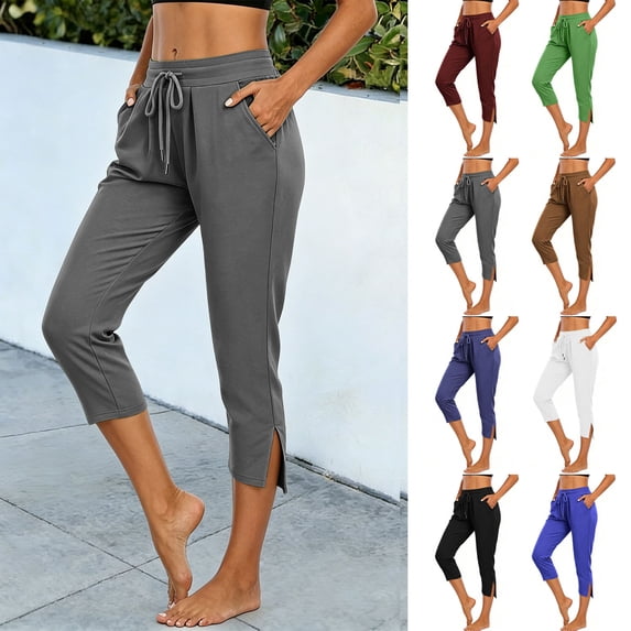 cfhntfmh Women Casual Capris with Pockets Drawstring Lightweight Side Split Pants Mid Rise Athletic Work Clothes