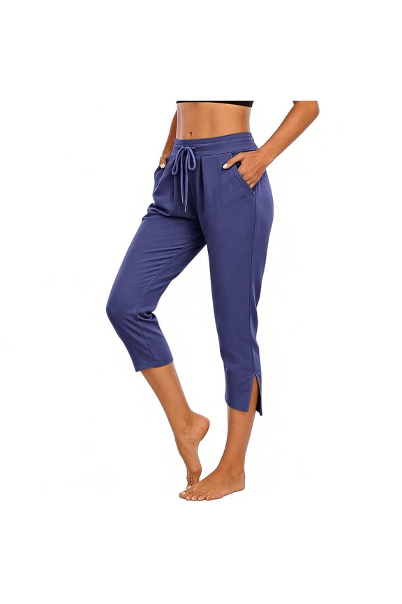 Women Casual Capris with Pockets Drawstring Lightweight Side Split Pants Mid Rise Athletic Work Clothes
