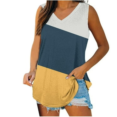 cfhntfmh Women Color Block Tops Summer Soft V Neck Baggy Sleeveless Tunic T-Shirts Lounge Tank Blouses