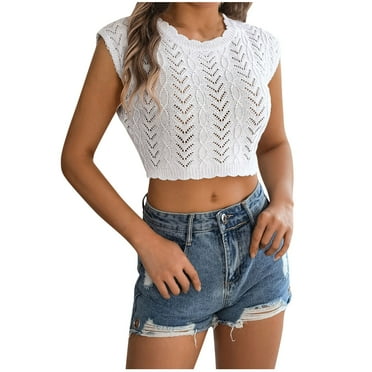 cfhntfmh Women Cropped Tops Summer 2024 Cap Sleeve Stretchy Knit T-Shirts Trendy Cutout Round Neck Vacation Tops