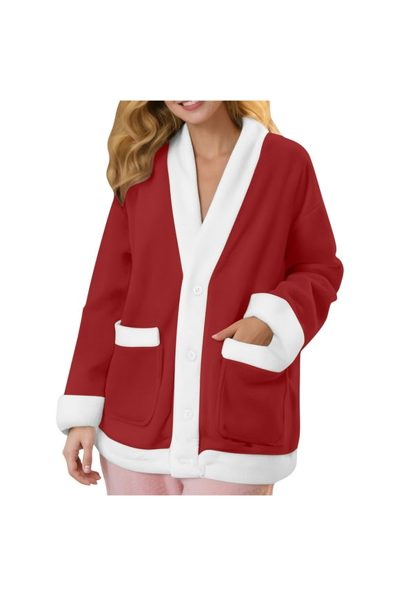 Women Fuzzy Pajama Tops V-Neck Button down Sleepwear Long Sleeve Plush Warm Fall Winter Coat with Pockets（Wine,X-Large)