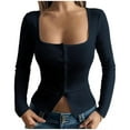 thumbnail image 1 of cfhntfmh Women Knit Ribbed Fitted Button down Cardigan Square Neck Tops Long Sleeve Going out Tops Fall Clothes, 1 of 6