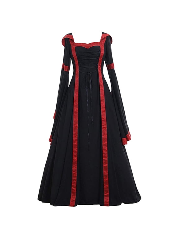 Women Renaissance Medieval Dress Hooded Vintage Gothic Gown Dress Retro Lace up Long Sleeve Party Cocktail Dress