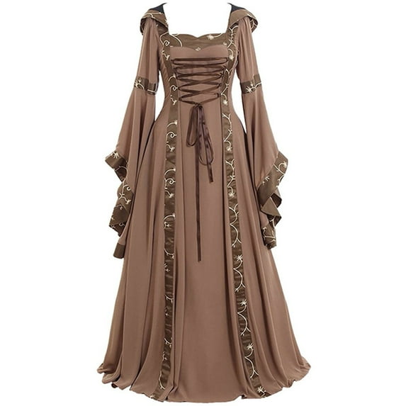 cfhntfmh Women Renaissance Medieval Dress Hooded Vintage Gothic Gown Dress Retro Lace up Long Sleeve Party Cocktail Dress