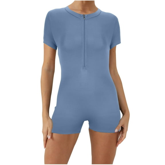 cfhntfmh Women Short Sleeve Jumpsuit Zip up Bodysuits Fashion Yoga Workout Bodycon Athletic Gym Rompers