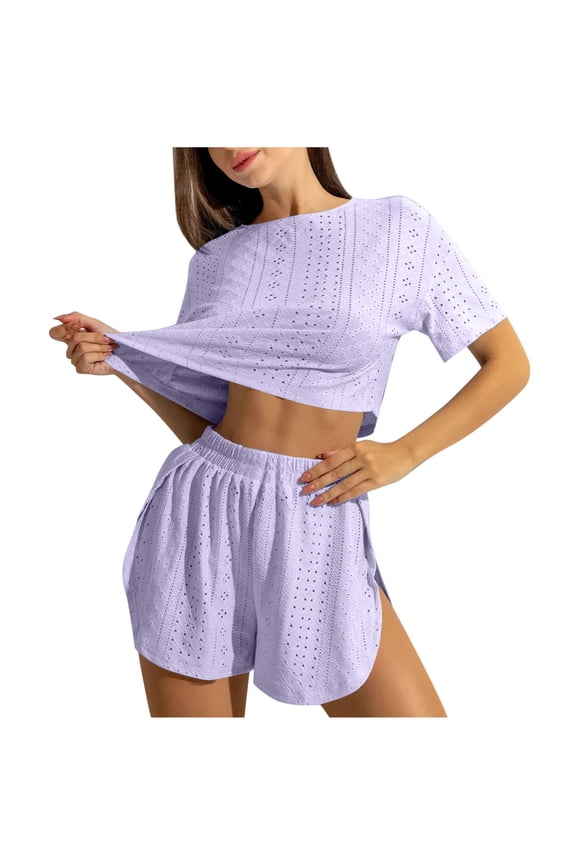 Women Summer 2 Piece Eyelet Short Pajamas Set Short Sleeve Crop Top and Shorts Sets Beach Vacation Outfits(Purple,Medium)