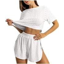 cfhntfmh Women Summer 2 Piece Eyelet Short Pajamas Set Short Sleeve Crop Top and Shorts Sets Beach Vacation Outfits(White,X-Large)