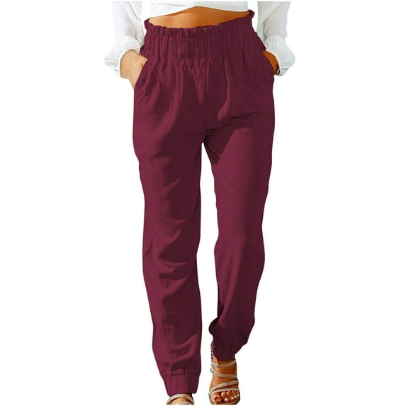 cfhntfmh Women Summer 2024 Lounge Pants Boho Cotton Linen High Elastic Waisted Soft Pants with Pocket