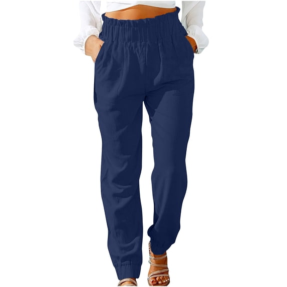 cfhntfmh Women Summer 2024 Lounge Pants Boho Cotton Linen High Elastic Waisted Soft Pants with Pocket