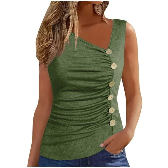 cfhntfmh Women Summer Sleeveless Tops Ruched Button Side V Neck Fitted Tank Tees Vacation Shirts Fashion Outfits