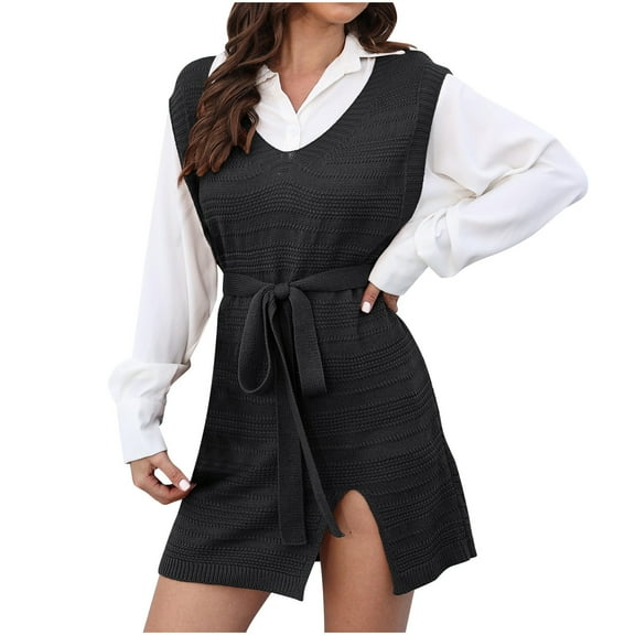 cfhntfmh Women Sweater Vest Oversized V Neck Sleeveless Knit Pullover Ribbed Vest Dress with Belt Mini Sweater Dress Fall Outfits（Black,Large)