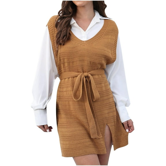 cfhntfmh Women Sweater Vest Oversized V Neck Sleeveless Knit Pullover Ribbed Vest Dress with Belt Mini Sweater Dress Fall Outfits（Brown,Medium)