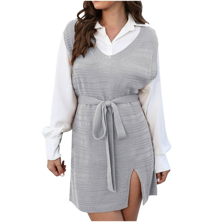 Cfhntfmh Women Sweater Vest Oversized V Neck Sleeveless Knit Pullover Ribbed Vest Dress with Belt Mini Sweater Dress Fall OutfitsGray,Medium), Women's