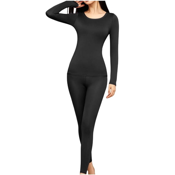 cfhntfmh Women Thermal Underwear Sets Round Neck Winter Warm Base Layer with Built-In Bra Pajama Sets (Black,X-Large)