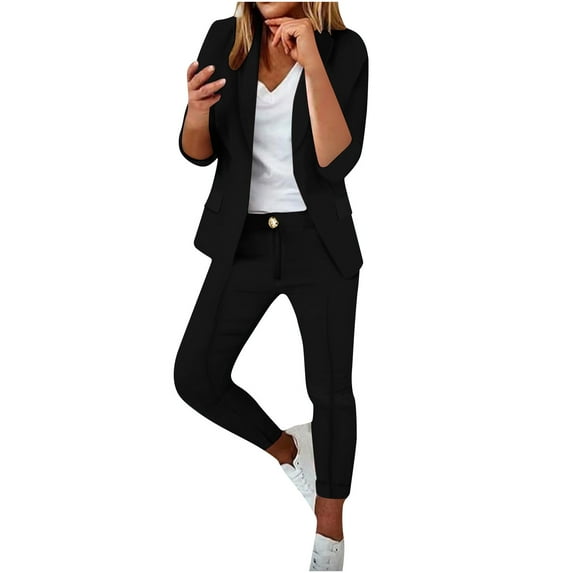 cfhntfmh Women's 2 Piece Blazer Set Formal Front Open Long Sleeve Jackets and Business Casual Pants Office Suits Set