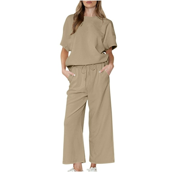cfhntfmh Women's 2 Piece Outfits Lounge Sets Casual Short Sleeve Shirts Wide Leg Pants Cozy Sweatsuit Set 2024 Trendy Outfits