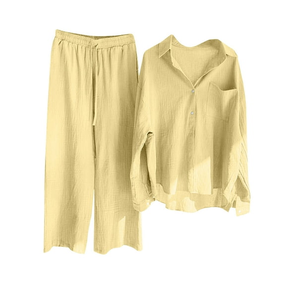 cfhntfmh Women's 2 Piece Outfits Sets Dressy Casual Long Sleeve Button down Shirt and Long Pants Fall Trendy Casual Loungewear