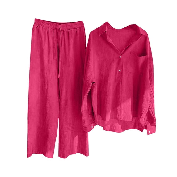 cfhntfmh Women's 2 Piece Outfits Sets Dressy Casual Long Sleeve Button down Shirt and Long Pants Fall Trendy Casual Loungewear
