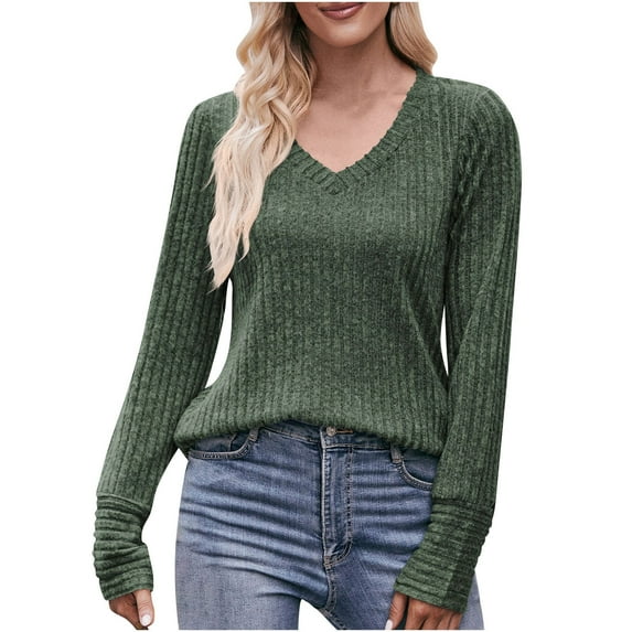 cfhntfmh Women's Fall Long Sleeve V Neck Ribbed Knit Sweaters Loose Casual Soft Pullover Sweater Tops for Women Army Green 1