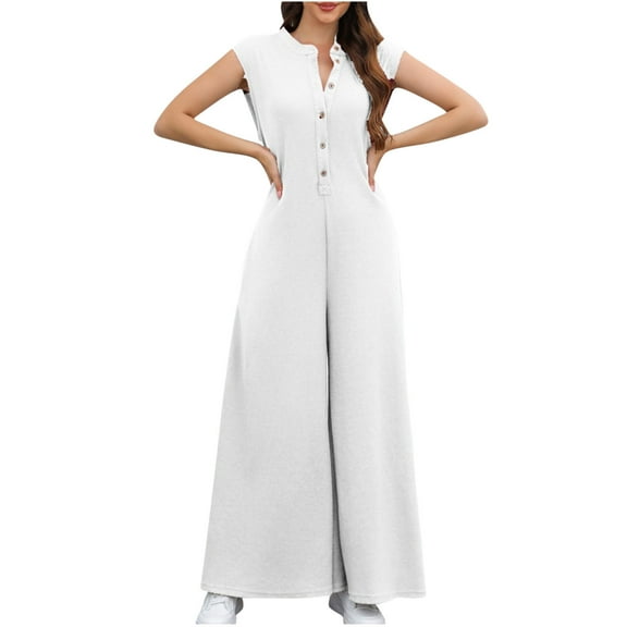 cfhntfmh Women's Summer Fashion Cap Sleeve Jumpsuits Knit Round Neck Button down Flowy Palazzo Pants Rompers