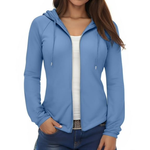 cfhntfmh Women's Athletic Full Zip Workout Jacket Lightweight Hoodie with Pockets Fall Winter Cropped Hooded Outerwear(Light Blue,Small)