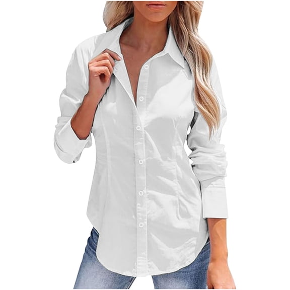 cfhntfmh Women's Button down Shirts Casual Long Sleeve Dress Shirts Comfy Collared Work Office Solid Blouses Tops