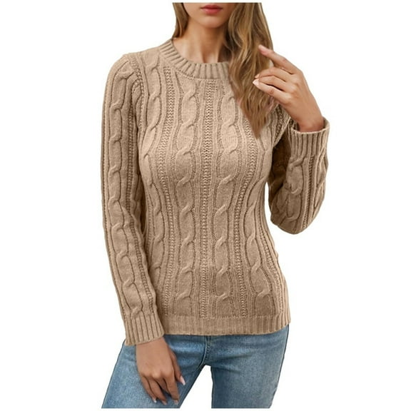 cfhntfmh Women's Cable Knit Sweaters Casual Long Sleeve Crewneck Oversized Solid Color Fall Winter Sweater Pullover Tops