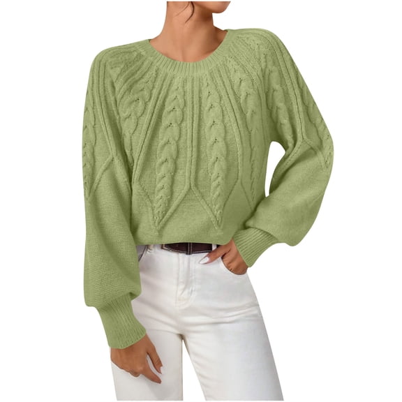 cfhntfmh Women's Cable Knit Sweaters Lantern Long Sleeve Casual Pullover Tops Crewneck Fall Winter Crop Warm Outfit
