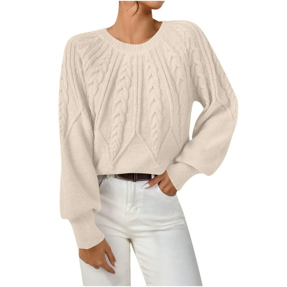 cfhntfmh Women's Cable Knit Sweaters Lantern Long Sleeve Casual Pullover Tops Crewneck Fall Winter Crop Warm Outfit