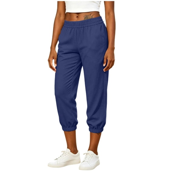 cfhntfmh Women's Capri Pants Elastic Waist Mid Rise Joggers with Pockets Cropped Pants for Running Hiking