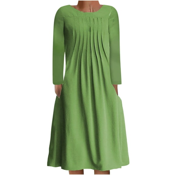 cfhntfmh Women's Casual Dresses Lounge Crewneck Long Sleeve Solid Color Dress Fall Loose Pleated Midi Dress with Pockets