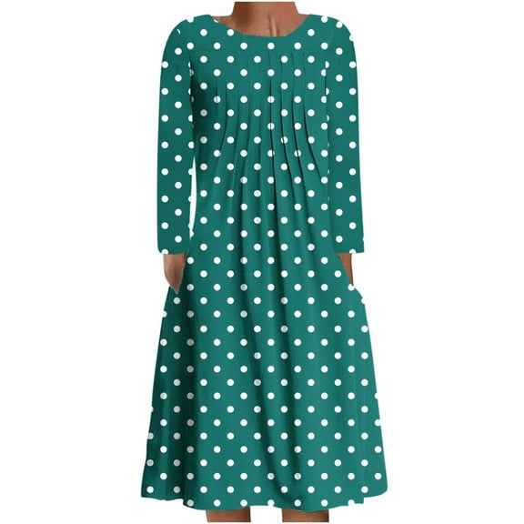 cfhntfmh Women's Casual Dresses Lounge Crewneck Long Sleeve Solid Color Dress Fall Loose Pleated Midi Dress with Pockets