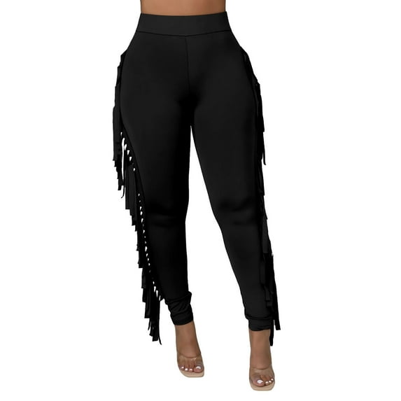 cfhntfmh Women's Casual High Waist Fringed Pants Elastic Waist Skinny Leggings Tights Tassels Side Long Lounge Pants Trousers