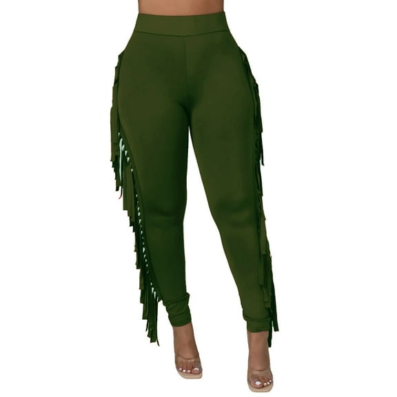 cfhntfmh Women's Casual High Waist Fringed Pants Elastic Waist Skinny Leggings Tights Tassels Side Long Lounge Pants Trousers