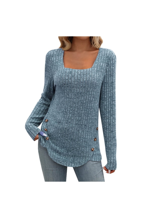 Women's Casual Square Neck Sweaters Fall Lightweight Long Sleeve Tunic Tops Solid Color Ribbed Knit Sweaters(Navy,Large)