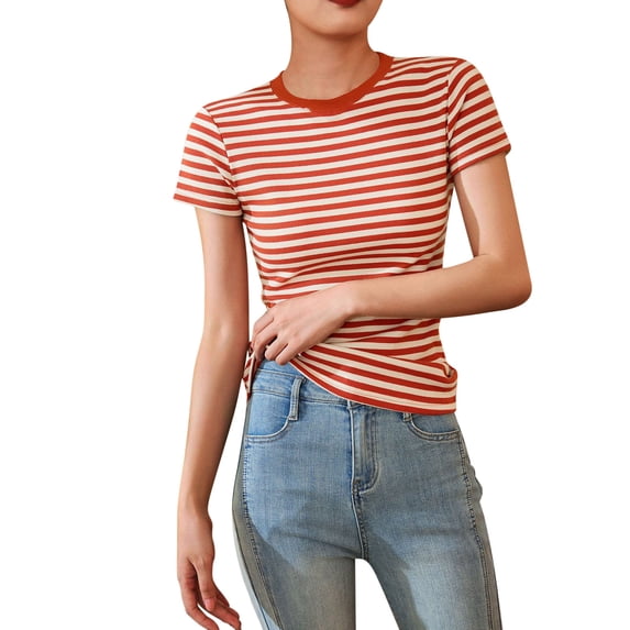 cfhntfmh Women's Casual Striped Tops Crew Neck Short Sleeve T Shirts Cotton Tee Tops Basic T Shirts Summer Trendy Blouses