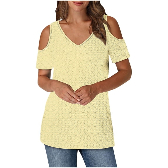 cfhntfmh Women's Cold Shoulder Tops Loose V Neck Tunic Blouse Eyelet Summer Casual Short Sleeve Trendy T Shirts Basic Tees