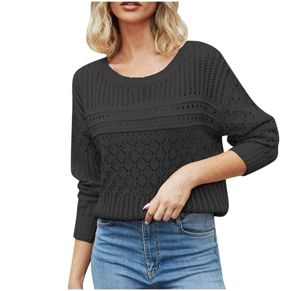 cfhntfmh Women's Fall Long Sleeve Sweaters Crochet Crew Neck Solid Color Knit Pullover Hollow out Sweater Tops（Black,Large)
