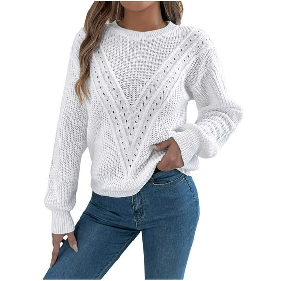 cfhntfmh Women's Fall Winter Round Neck Sweater Lantern Sleeve Pullover Sweater Tops Cable Knit Outfits for Women