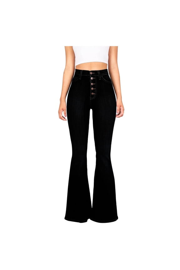 Women's Flare Bell Bottom Jeans 5 Button-Up High Waisted Wide Leg Bootcut Jeans Stretchy Classic Denim Pants