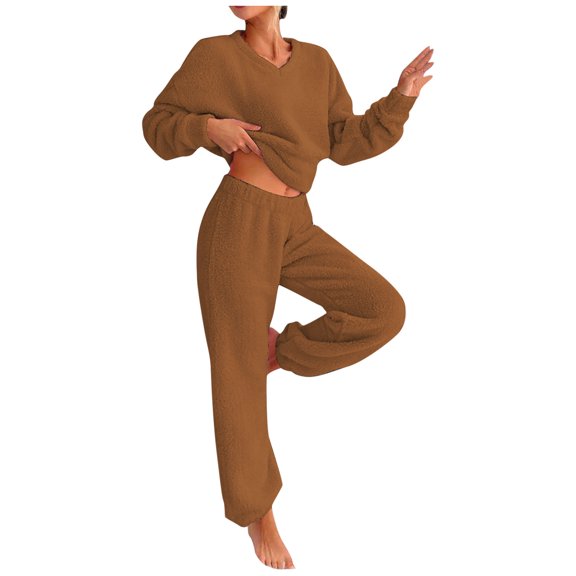 cfhntfmh Women's Fuzzy Casual Pajamas Sets Long Sleeve V Neck Fleece Pullover Wide Leg Pants Set 2 Piece Fluffy Loungewear（Brown,Small)