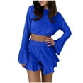 thumbnail image 1 of cfhntfmh Women's Knit Pajamas Long Sleeve Crop Tops with Ruffle Shorts 2 Piece Outfit Sleepwear Matching Lounge Set, 1 of 5