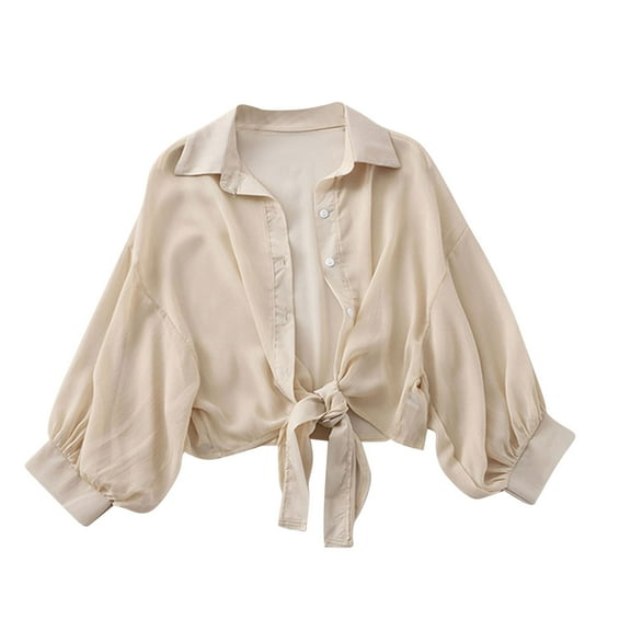 cfhntfmh Women's Knot Front Blouses Button down Collar Cropped Shirt Long Sleeve Wrap Crop Top Blouse for Women