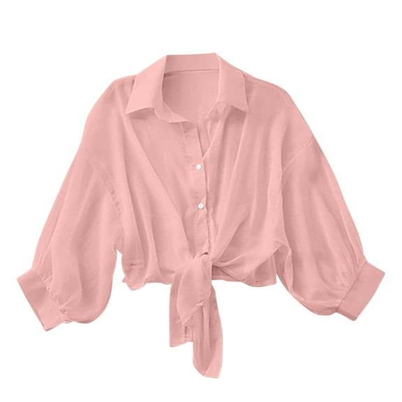 cfhntfmh Women's Knot Front Blouses Button down Collar Cropped Shirt Long Sleeve Wrap Crop Top Blouse for Women